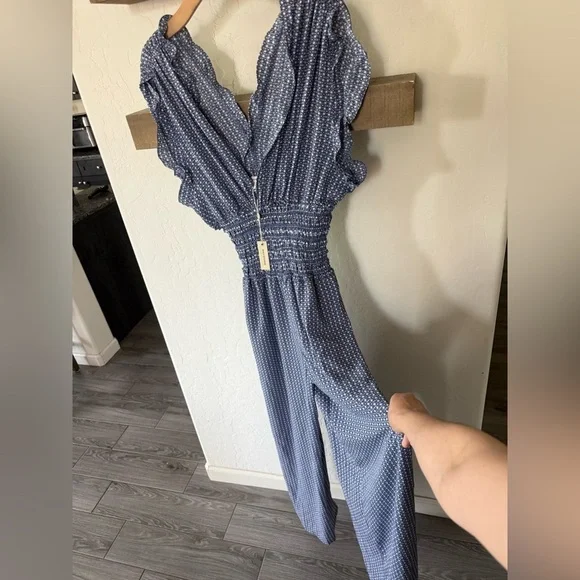 Max Studio|Blue Polka Dot Women's Wide leg jumpsuit w smocking•••NWT,Boho style - Picture 9 of 15